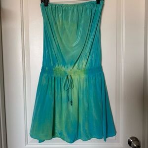 Gypsy 05 Turqoise/Green watercolor Strapless mini Dress charm on drawstring boho